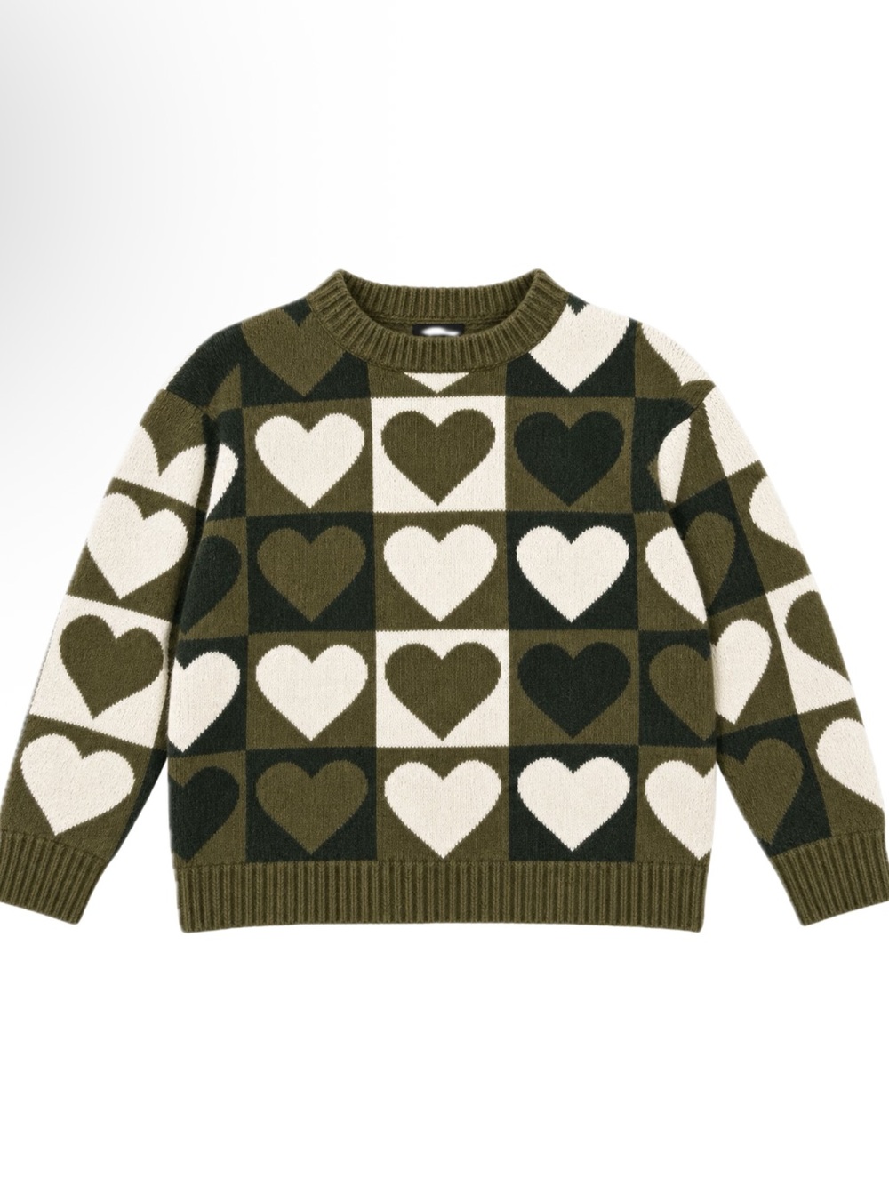 Shein Oversized Heart Pattern Crewneck Sweater - Olive and White medium